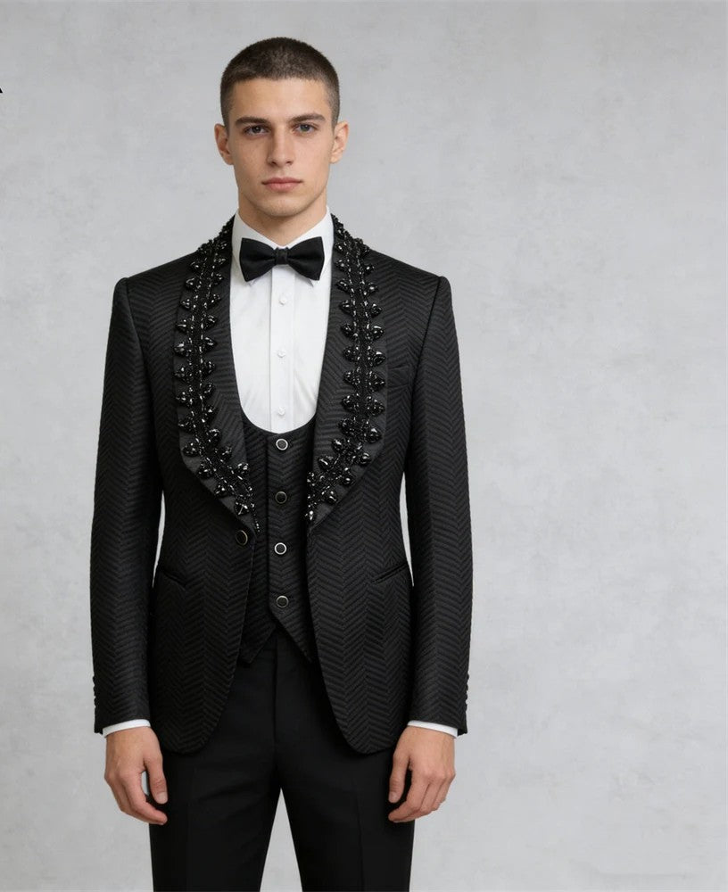 Luxury Crystal Embellished Men's Formal Suit - Premium Wedding Groom Tuxedo with Jacket