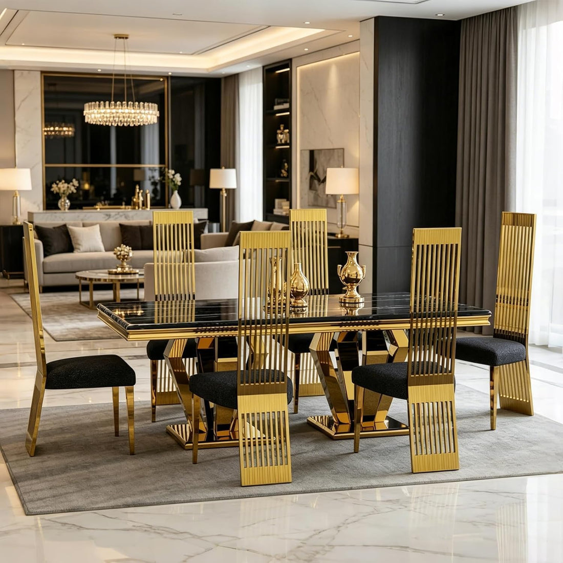 Luxury 78” Black and Gold Dining Table – Rectangular Dining Room Table
