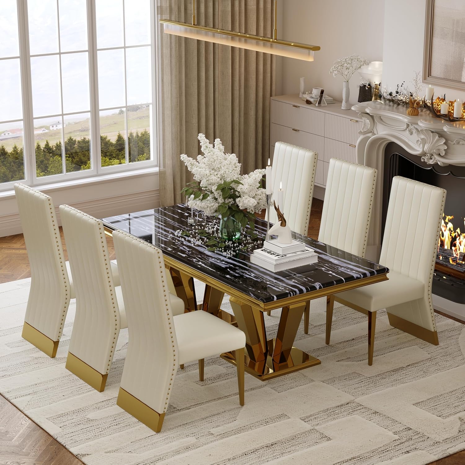 Luxury 78” Black and Gold Dining Table – Rectangular Dining Room Table