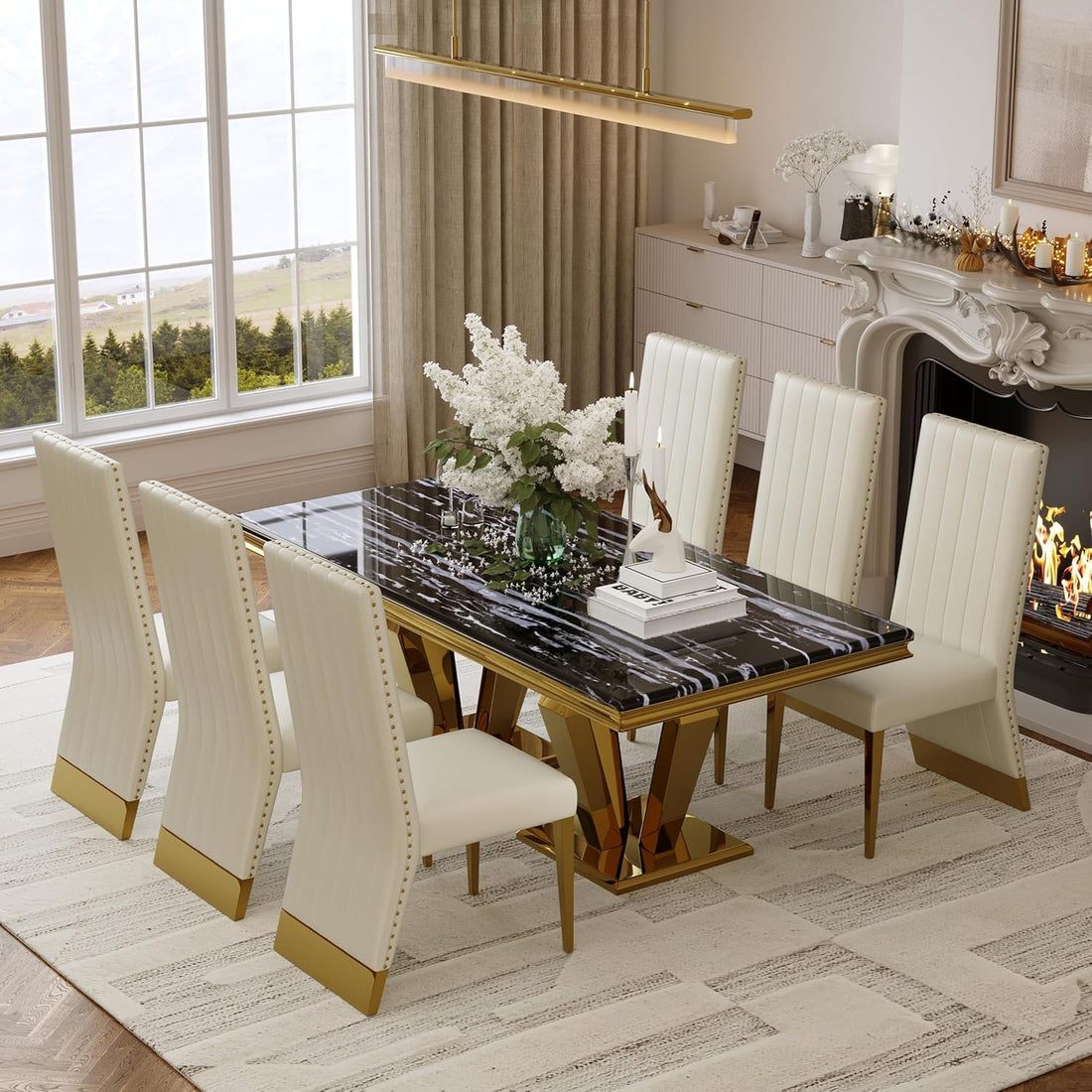 Luxury 78” Black and Gold Dining Table – Rectangular Dining Room Table