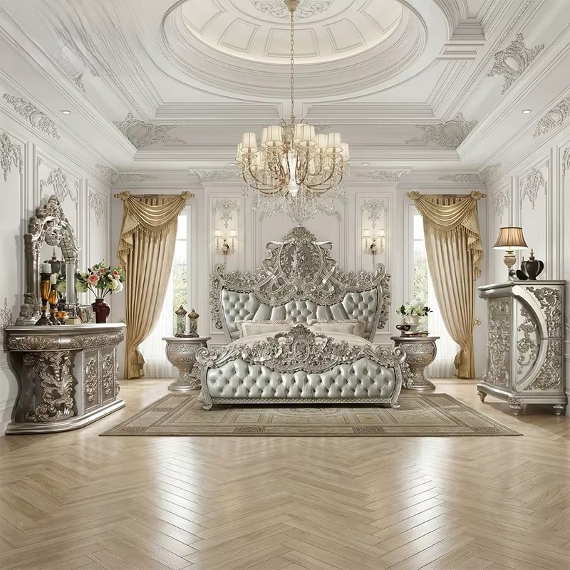 Luxury French Pearl Silver Gilded Bed with Openwork Carving – Royal Palace Style