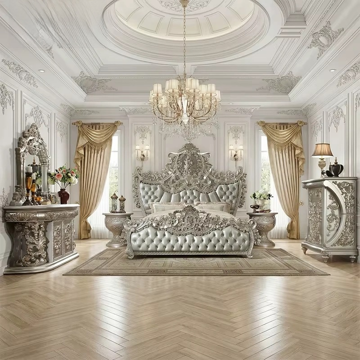 Luxury French Pearl Silver Gilded Bed with Openwork Carving – Royal Palace Style