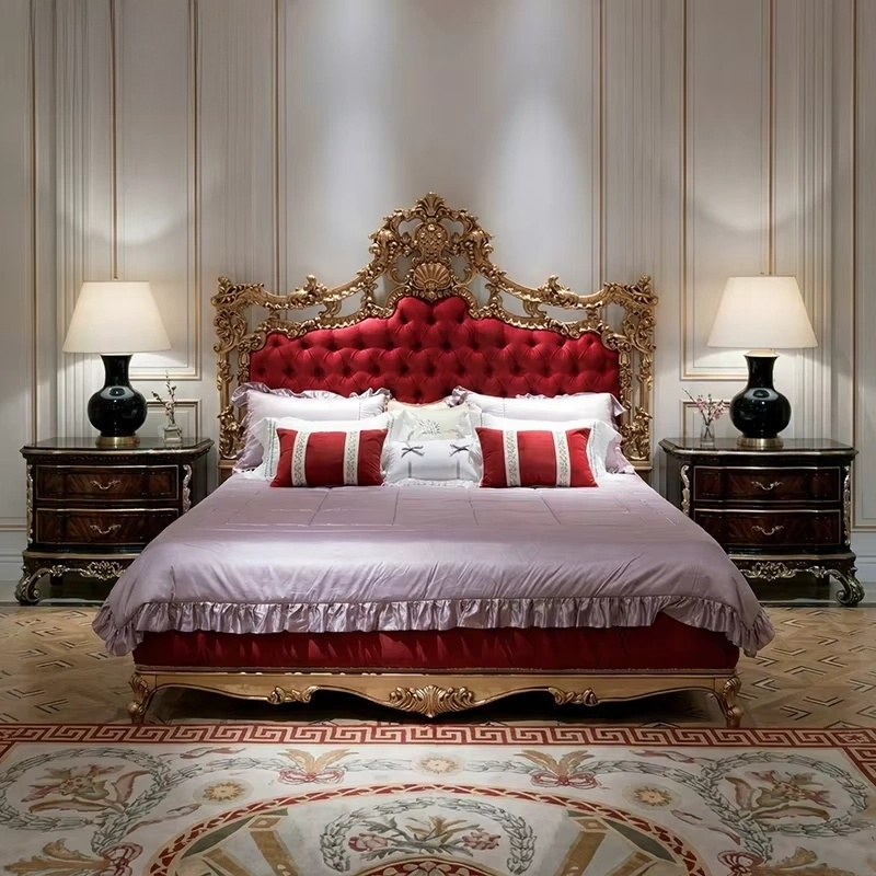 Luxury French Style Red & Gold Gilded Bedroom Set with Tufted Royal Bed