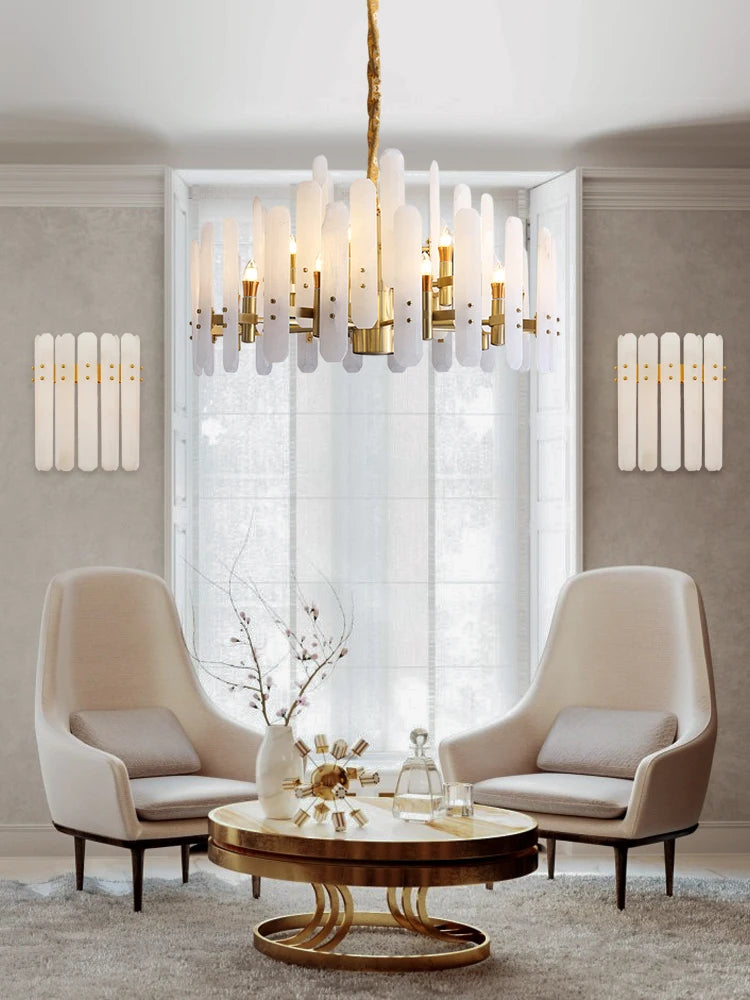 Luxury Natural Marble Alabaster Chandelier – Modern E14 LED Pendant Light for Living Room, Hallways