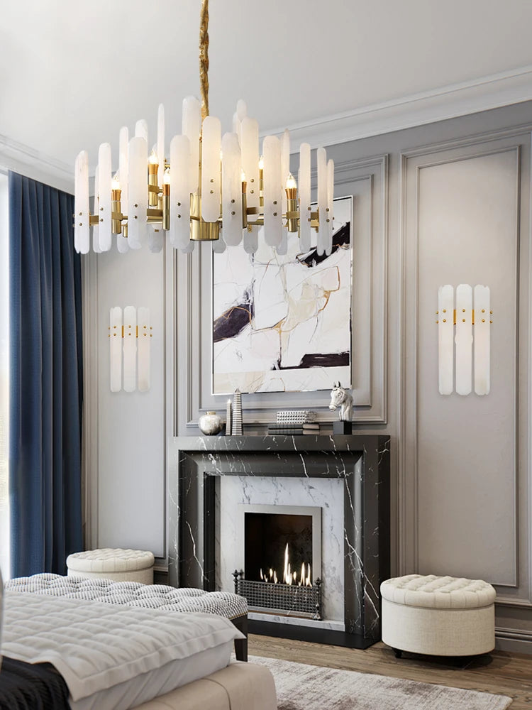 Luxury Natural Marble Alabaster Chandelier – Modern E14 LED Pendant Light for Living Room, Hallways