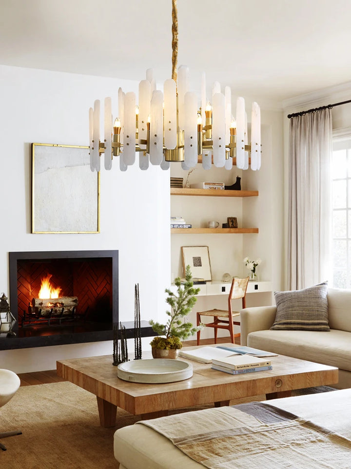 Luxury Natural Marble Alabaster Chandelier – Modern E14 LED Pendant Light for Living Room, Hallways