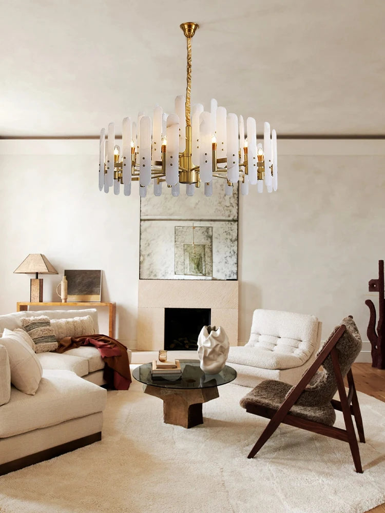 Luxury Natural Marble Alabaster Chandelier – Modern E14 LED Pendant Light for Living Room, Hallways