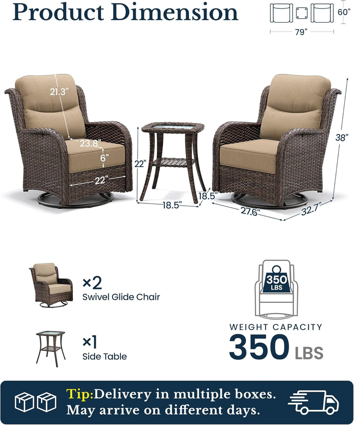 Luxury Outdoor Patio Furniture Set – 3 Piece Swivel Rocker Chair Set with Thick Cushions