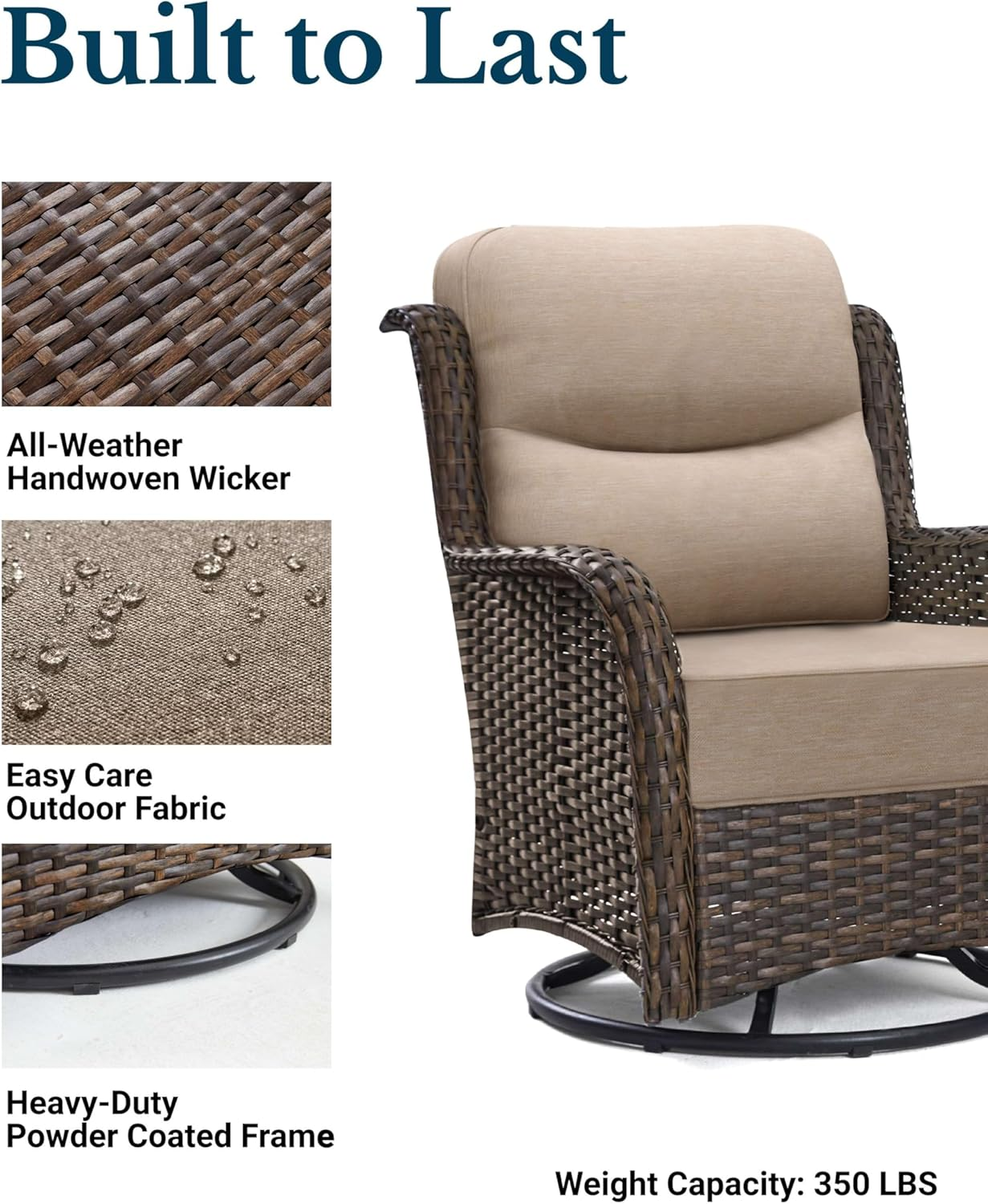 Luxury Outdoor Patio Furniture Set – 3 Piece Swivel Rocker Chair Set with Thick Cushions