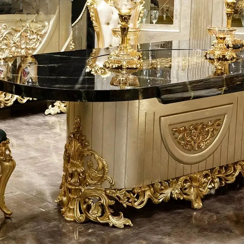 Royal Turkish Emerald Velvet Dining Set – Gold Carved Marble Table & Chairs
