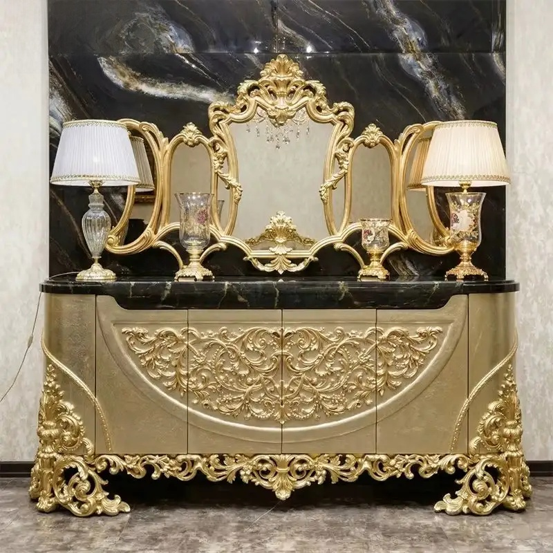 Royal Turkish Emerald Velvet Dining Set – Gold Carved Marble Table & Chairs