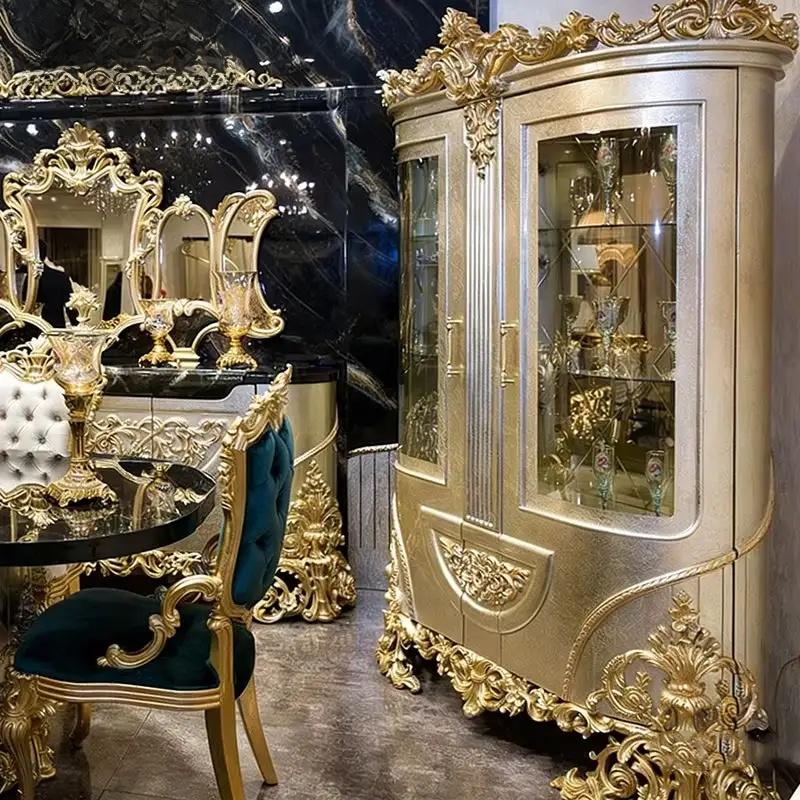 Royal Turkish Emerald Velvet Dining Set – Gold Carved Marble Table & Chairs