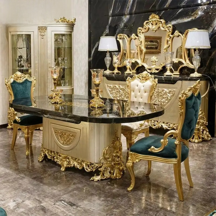Royal Turkish Emerald Velvet Dining Set – Gold Carved Marble Table & Chairs