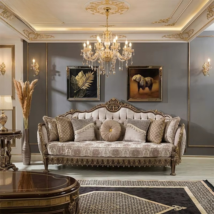 Royal Turkish Walnut & Gold Gilded Sofa Set – Carved Living Room Furniture