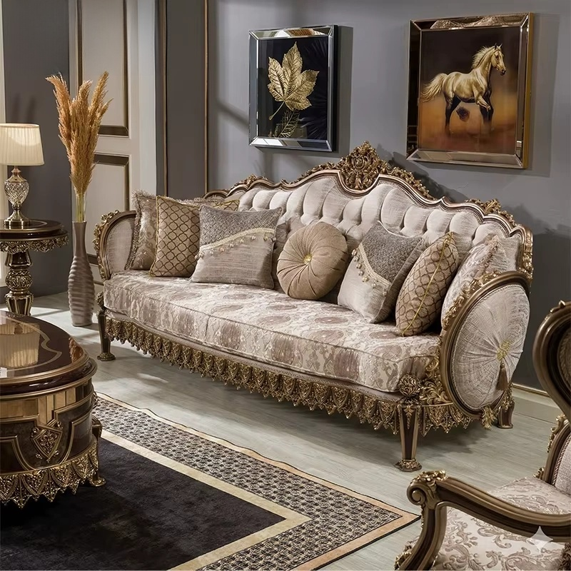 Royal Turkish Walnut & Gold Gilded Sofa Set – Carved Living Room Furniture