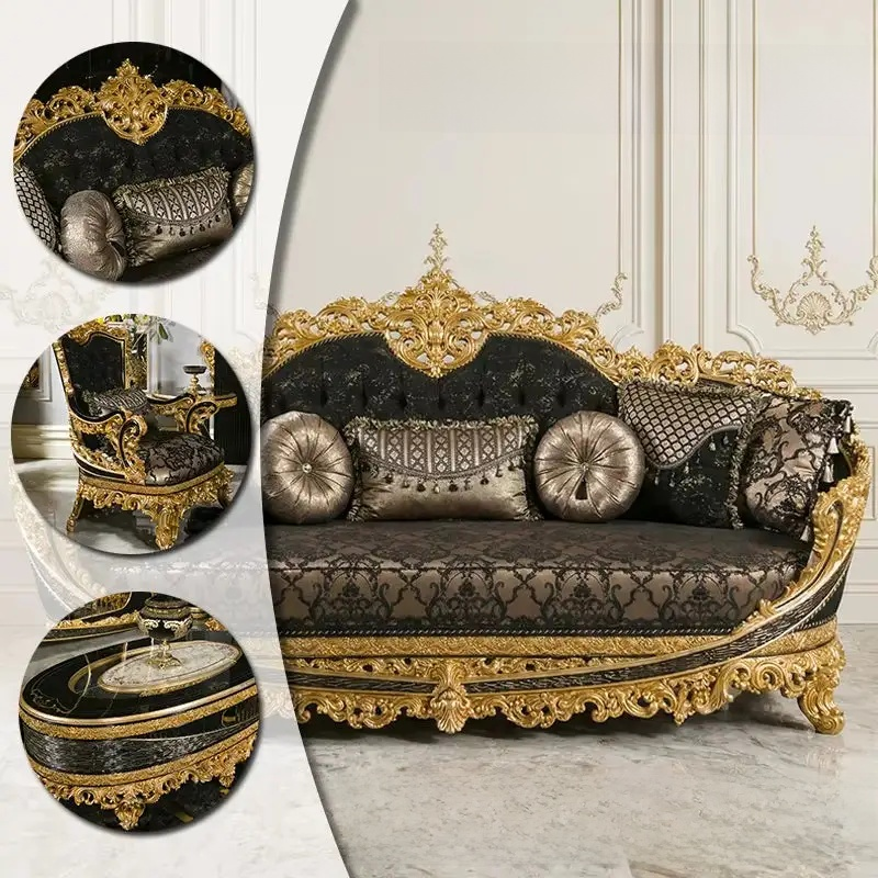 Luxury Turkish Sofa Set Black Gold Carved Wood with TV Wall Unit