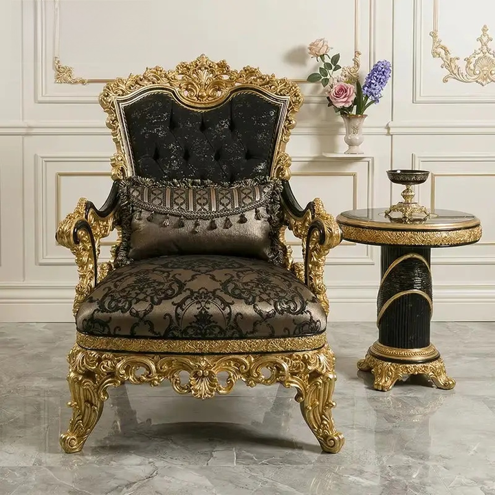 Luxury Turkish Sofa Set Black Gold Carved Wood with TV Wall Unit