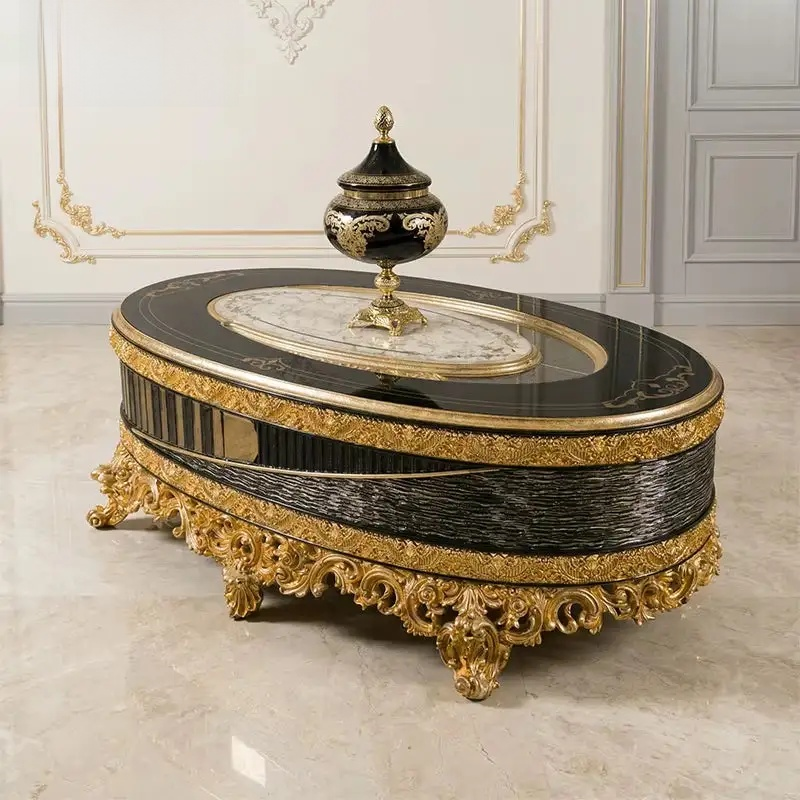 Luxury Turkish Sofa Set Black Gold Carved Wood with TV Wall Unit