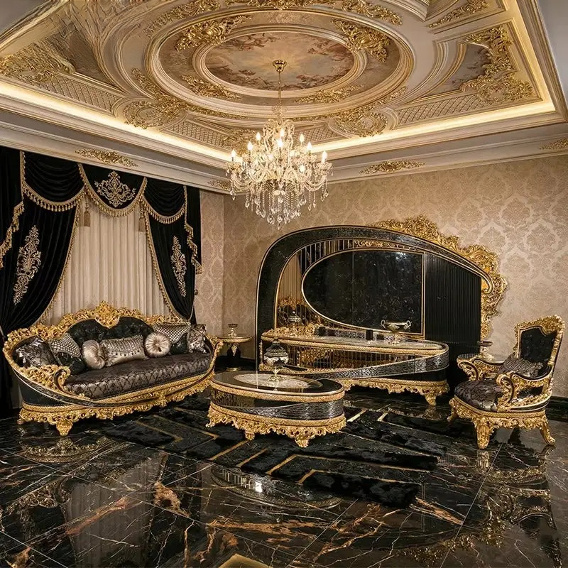 Luxury Turkish Sofa Set Black Gold Carved Wood with TV Wall Unit
