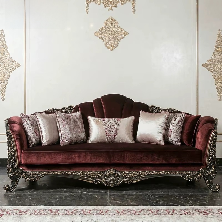Premium Home Burgundy Velvet Sofa Set with Silver Gilded Wood & Coffee Table