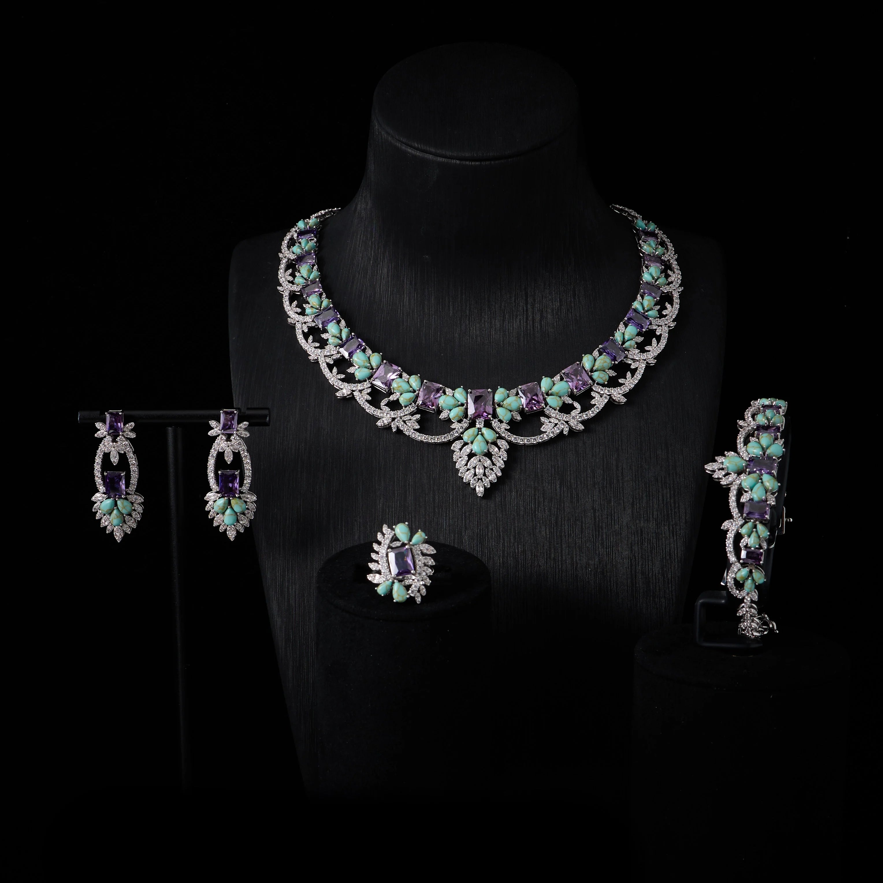 Luxury Turquoise and Amethyst Cubic Zirconia Bridal Jewelry Set for Women