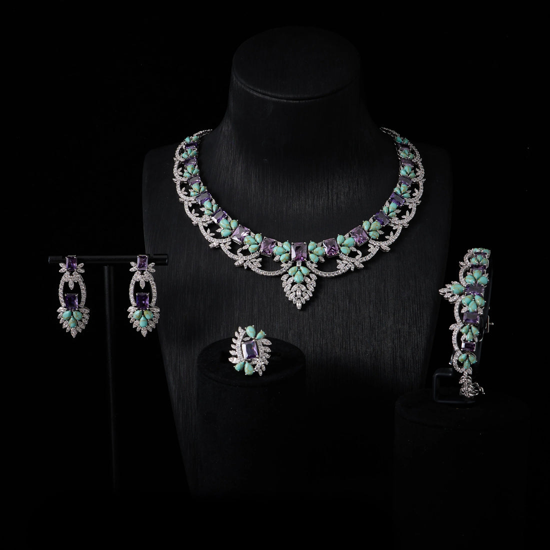 Luxury Turquoise and Amethyst Cubic Zirconia Bridal Jewelry Set for Women