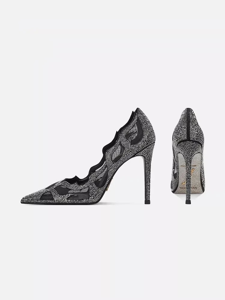 Luxury Women's Mesh Rhinestone High Heels – Pointed Toe, Hollow Design, Elegant Dress Shoes