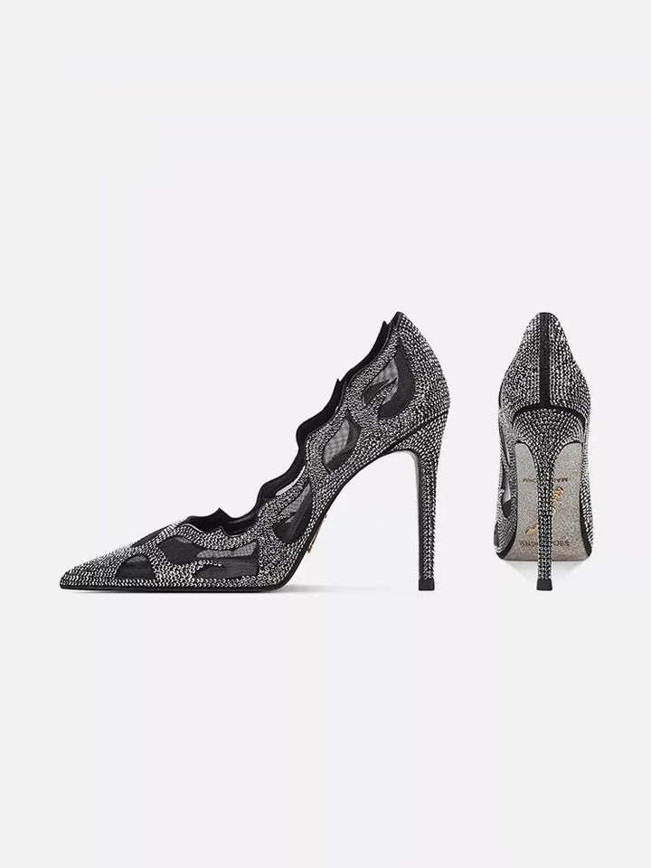 Luxury Women's Mesh Rhinestone High Heels – Pointed Toe, Hollow Design, Elegant Dress Shoes