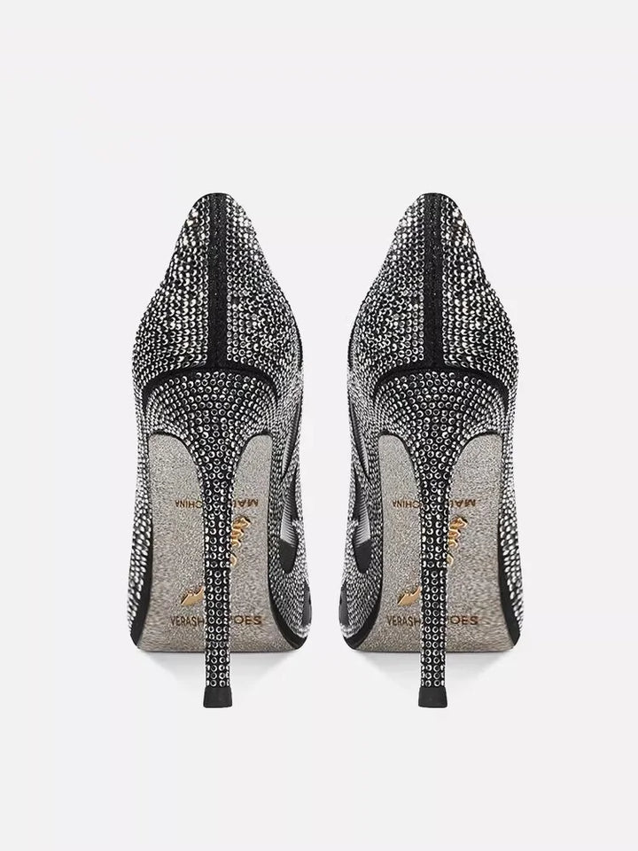 Luxury Women's Mesh Rhinestone High Heels – Pointed Toe, Hollow Design, Elegant Dress Shoes