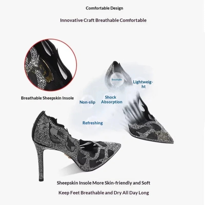Luxury Women's Mesh Rhinestone High Heels – Pointed Toe, Hollow Design, Elegant Dress Shoes