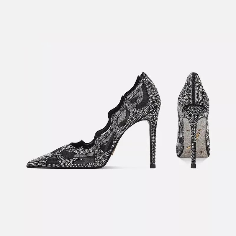 Luxury Women's Mesh Rhinestone High Heels – Pointed Toe, Hollow Design, Elegant Dress Shoes