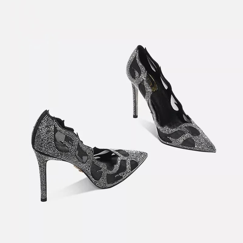 Luxury Women's Mesh Rhinestone High Heels – Pointed Toe, Hollow Design, Elegant Dress Shoes