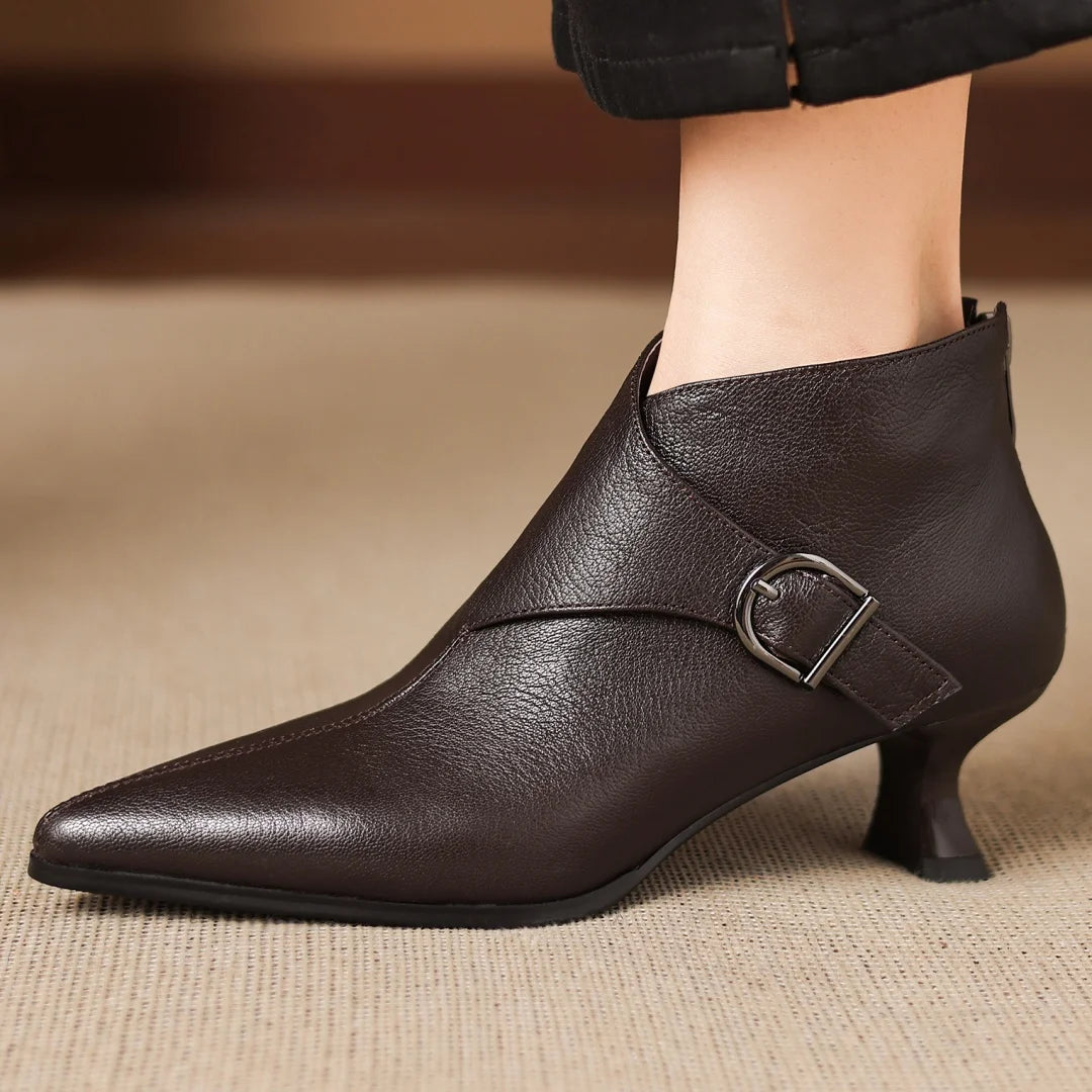 Luxury Women's Sheepskin Leather Ankle Boots – Pointed Toe, Back Zipper, Metal Buckle Slim Heel