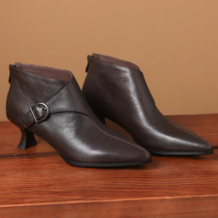 Luxury Women's Sheepskin Leather Ankle Boots – Pointed Toe, Back Zipper, Metal Buckle Slim Heel