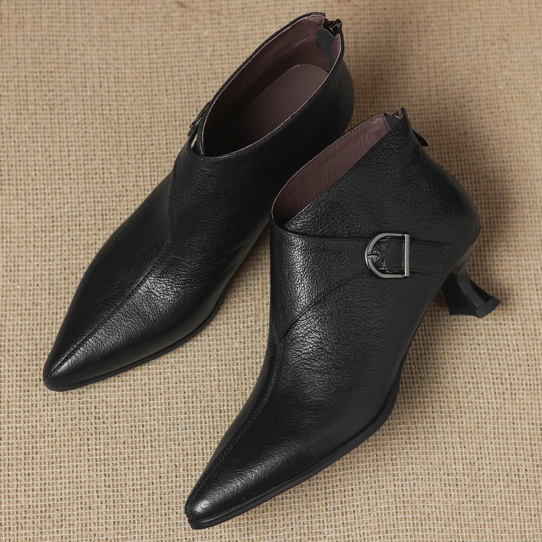 Luxury Women's Sheepskin Leather Ankle Boots – Pointed Toe, Back Zipper, Metal Buckle Slim Heel