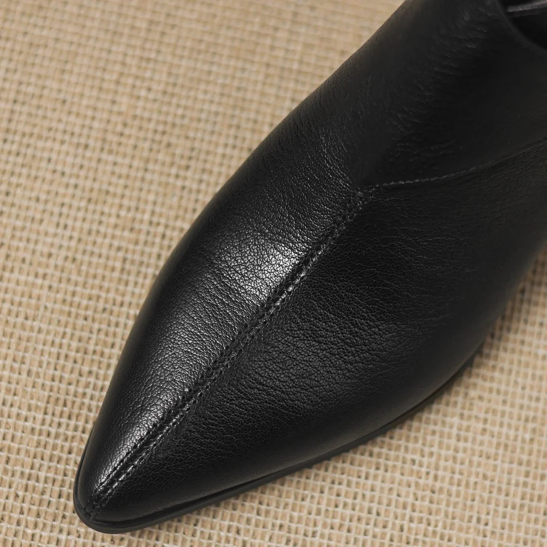 Luxury Women's Sheepskin Leather Ankle Boots – Pointed Toe, Back Zipper, Metal Buckle Slim Heel