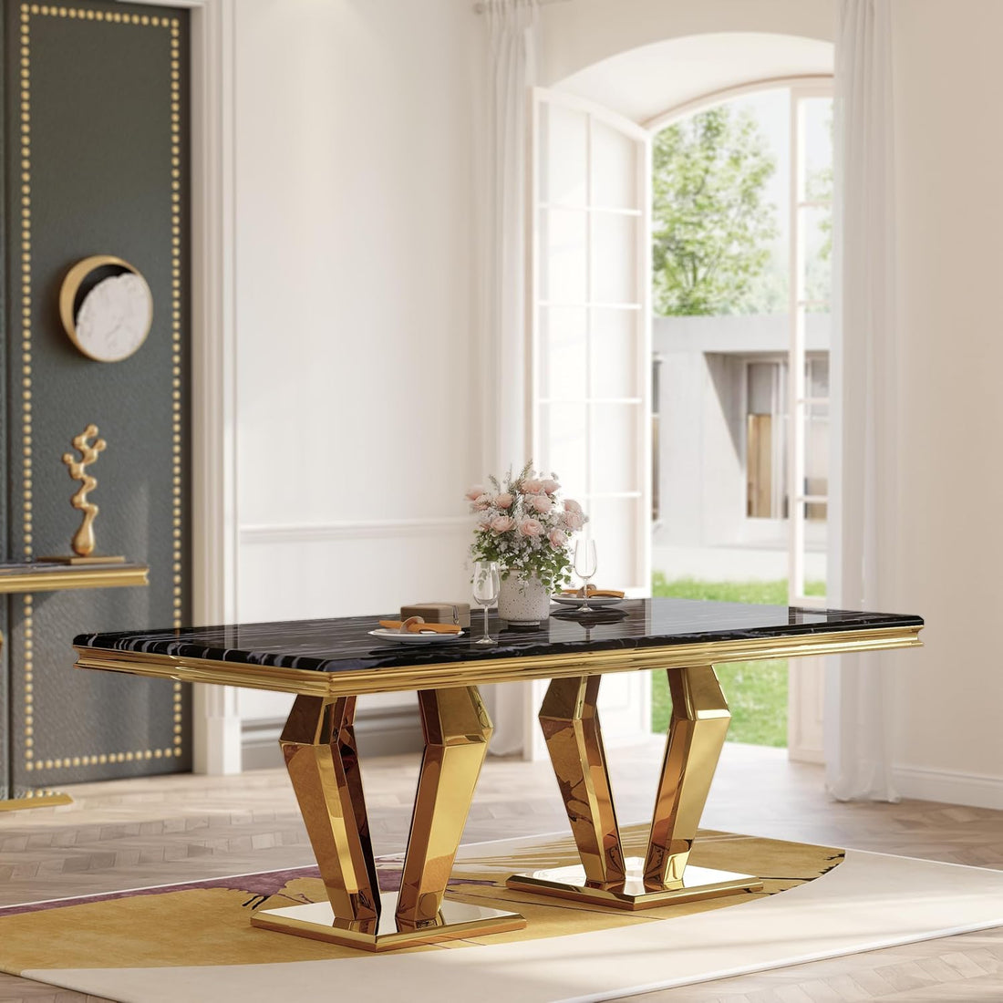 Modern dining table with gold legs in a stylish room