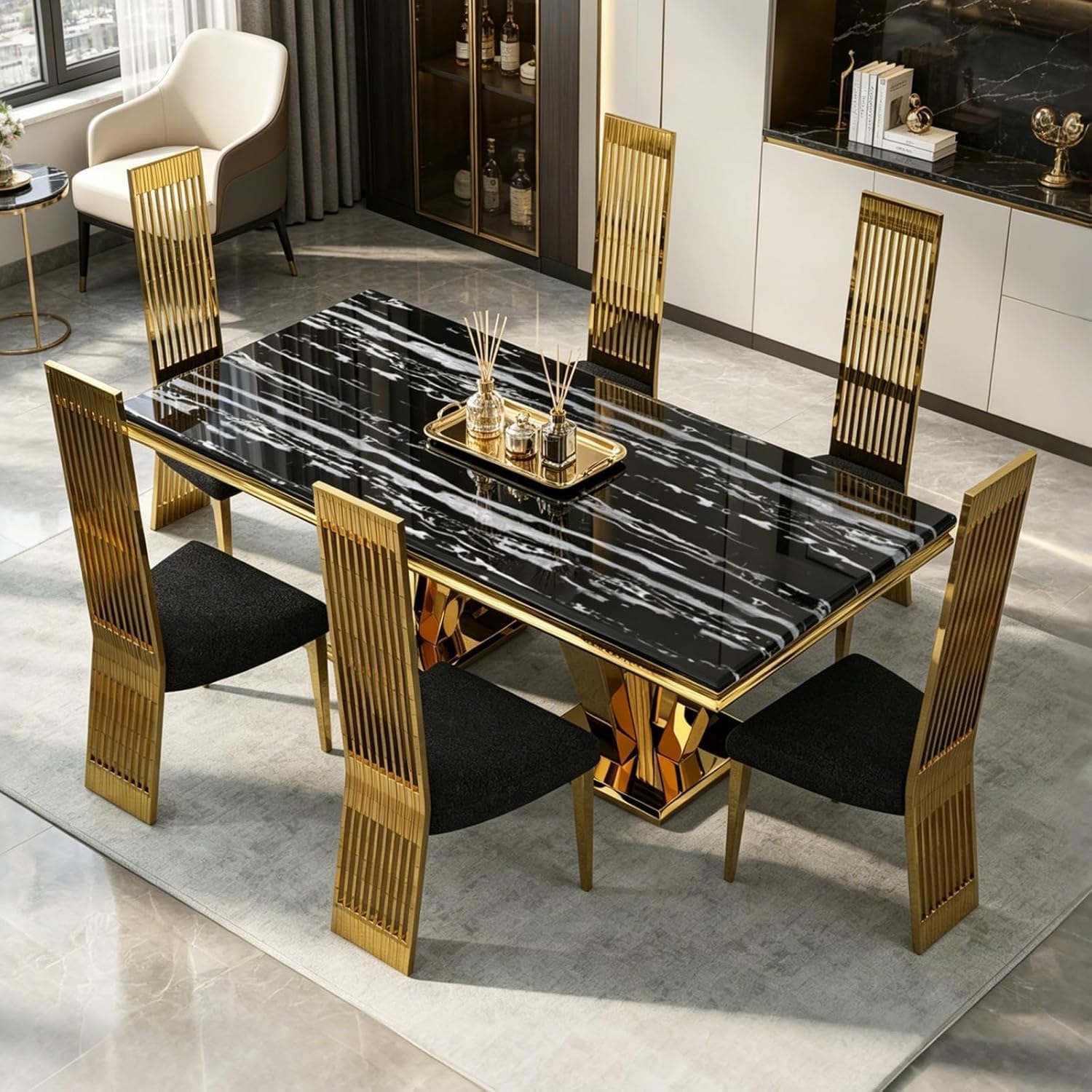Luxury 78” Black and Gold Dining Table – Rectangular Dining Room Table