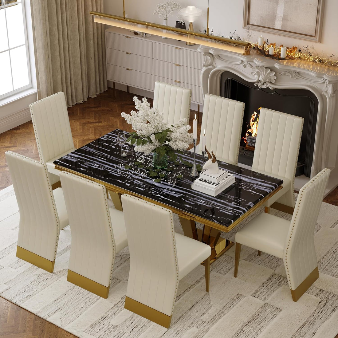 Luxury 78” Black and Gold Dining Table – Rectangular Dining Room Table