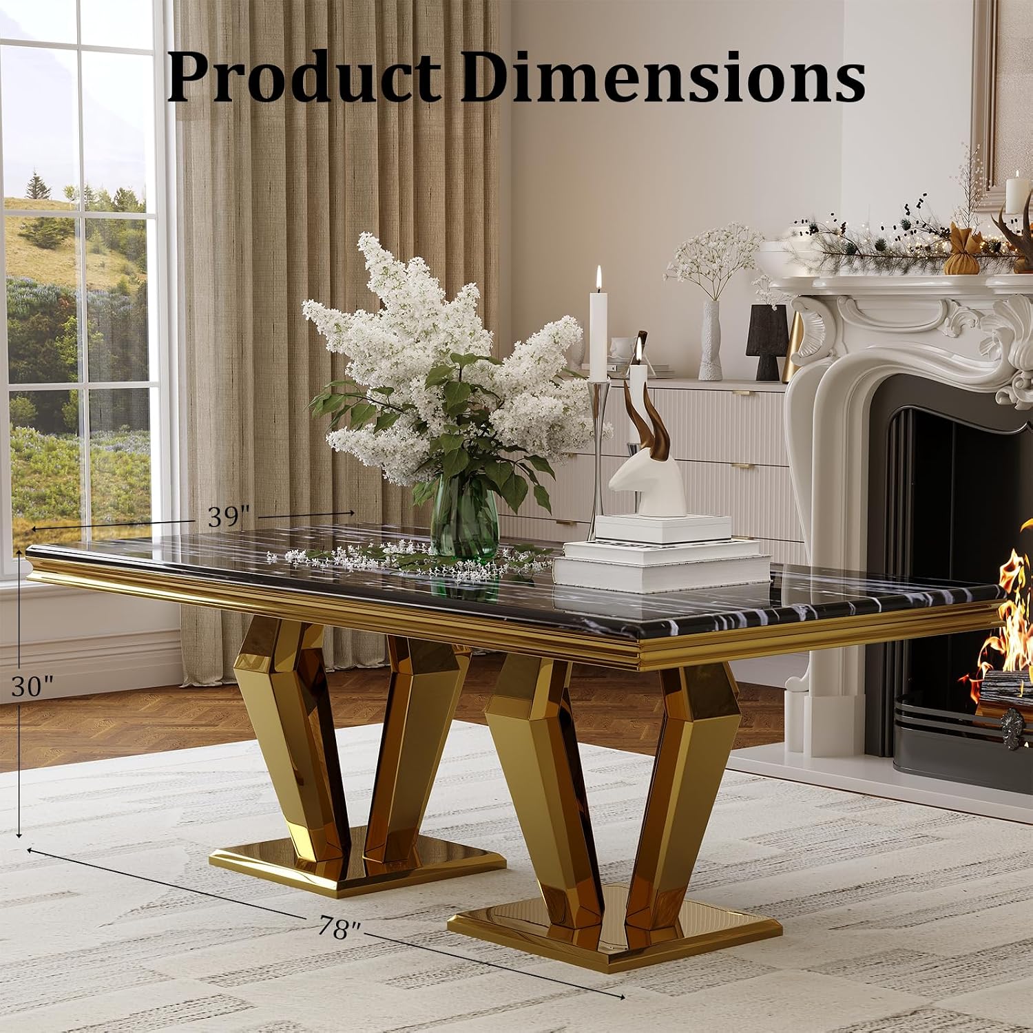 Luxury 78” Black and Gold Dining Table – Rectangular Dining Room Table