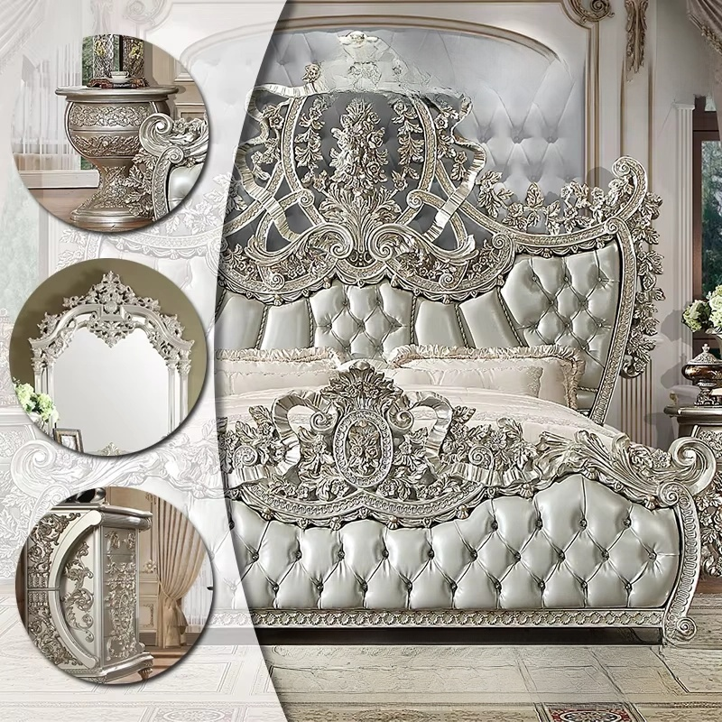 Luxury French Pearl Silver Gilded Bed with Openwork Carving – Royal Palace Style