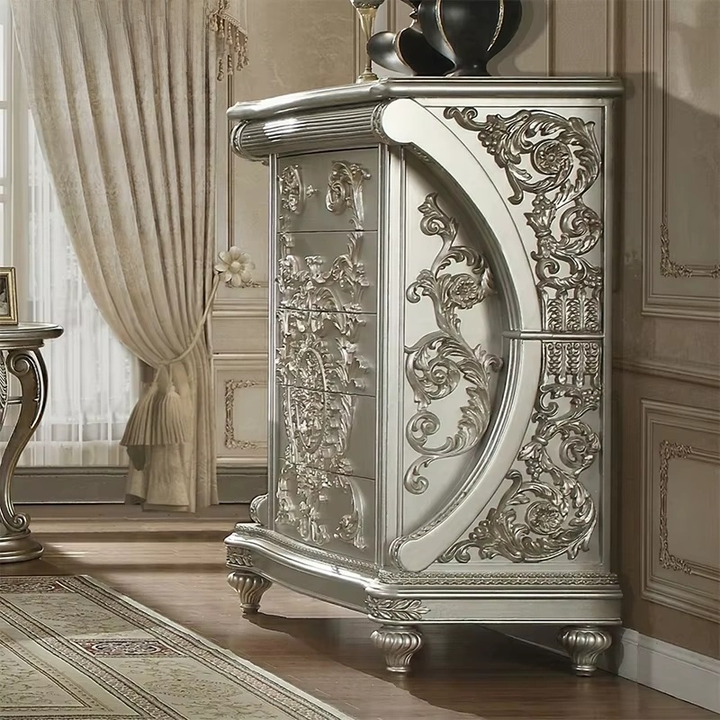 Luxury French Pearl Silver Gilded Bed with Openwork Carving – Royal Palace Style