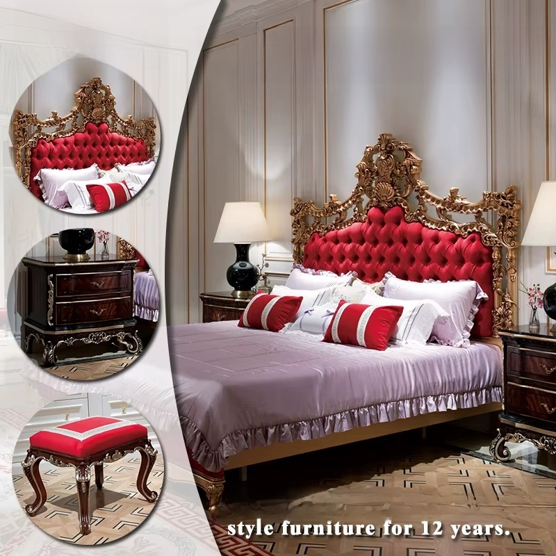 Luxury French Style Red & Gold Gilded Bedroom Set with Tufted Royal Bed