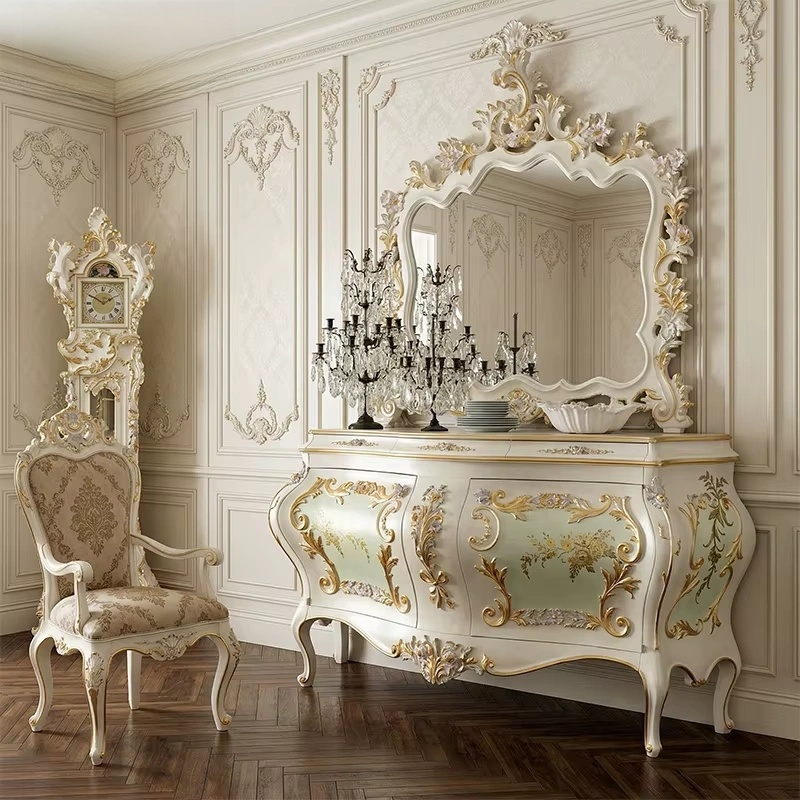 Royal French Creamy White & Gold Gilded Dining Set – Carved Table & Chairs