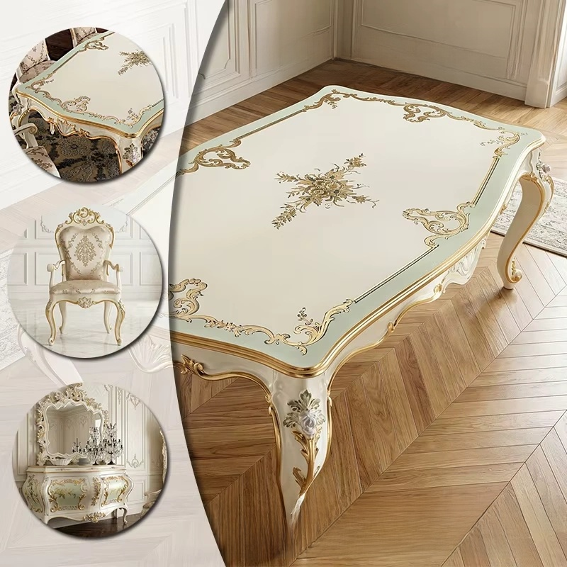 Royal French Creamy White & Gold Gilded Dining Set – Carved Table & Chairs