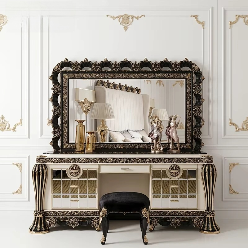 Modern Luxe Bedroom Set Black White Gilded Carved Royal Wood Bed with Wardrobe