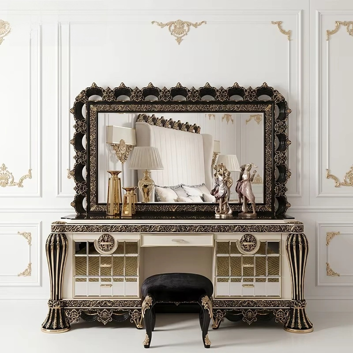 Modern Luxe Bedroom Set Black White Gilded Carved Royal Wood Bed with Wardrobe