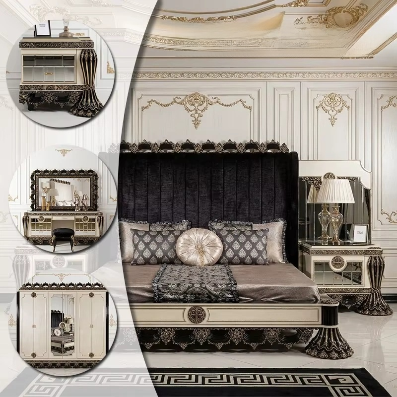 Modern Luxe Bedroom Set Black White Gilded Carved Royal Wood Bed with Wardrobe