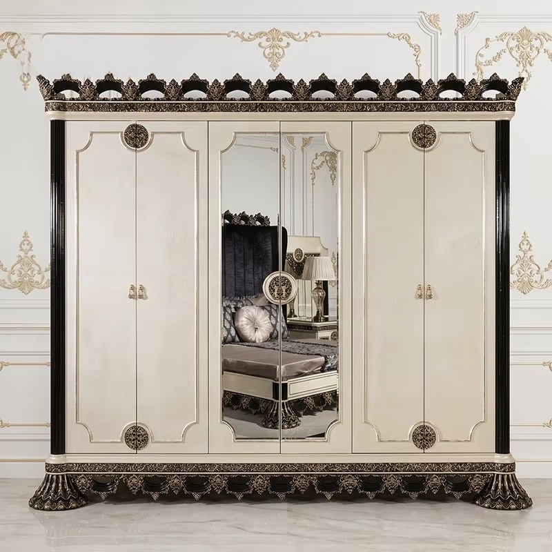 Modern Luxe Bedroom Set Black White Gilded Carved Royal Wood Bed with Wardrobe