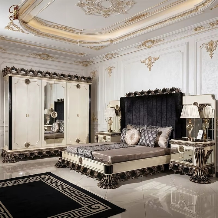 Modern Luxe Bedroom Set Black White Gilded Carved Royal Wood Bed with Wardrobe
